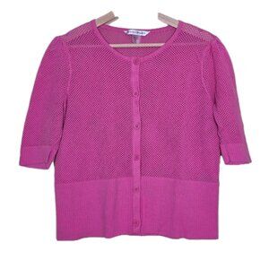 Bianca Nygard Cardigan Womens XL Hot Pink SS Button Up Round Neck Boho Open Knit